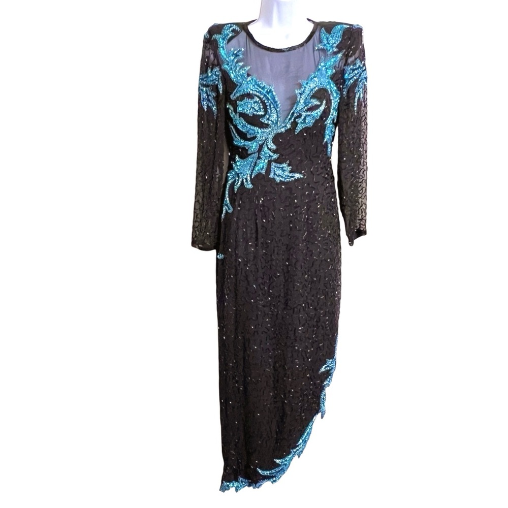 A.J. Bari Vintage Black Tie Beaded Silk Asymmetric Gown 4 Black Event Formal